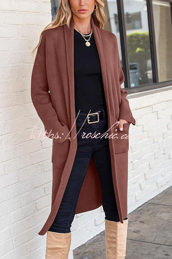 Solid Color Long-sleeved Casual Loose Pocket Mid-length Cardigan