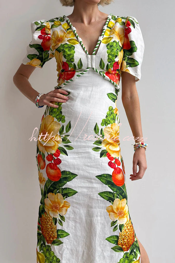 Picnic Flowers Linen Blend Floral Print Puff Sleeve Braided Rope Trim Maxi Dress