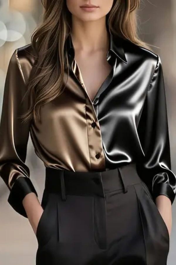 Fashionable Colorblock Lapel Long-sleeved Button-down Shirt