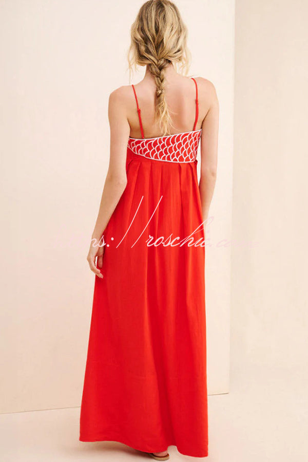 Red Fish Embroidered Sling Backless Maxi Dress