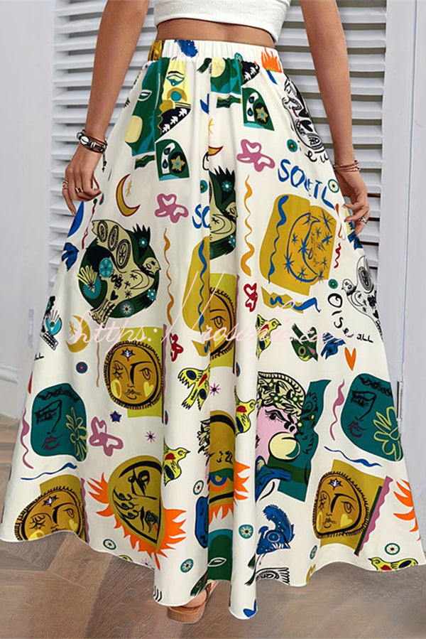 Unique Printed Elastic Waist and Large Hem Maxi Skirt