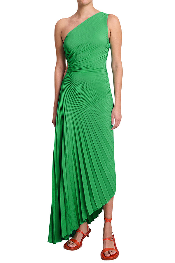 Glam Vibes Satin One Shoulder Side Cutout Pleated Maxi Dress