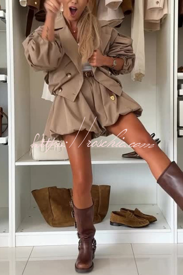 Fashion Style Button Long Balloon Sleeve Pocket Lapel Casual Bomber Jacket (Shipped Within 24 Hours)