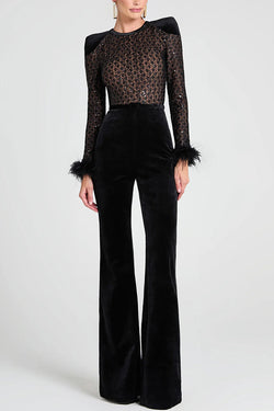 Monique Fish Scale Lace Sequin Velvet Patchwork Feather Trim Stretch Flare Jumpsuit