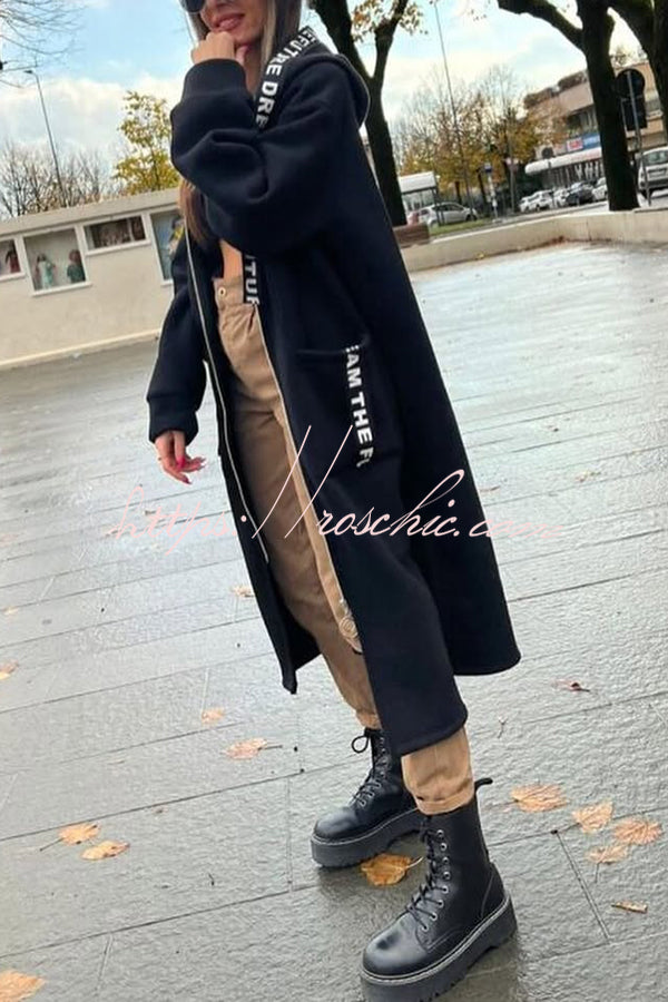 Fashionable and Casual Hooded Zipper Pocket Loose Long Coat