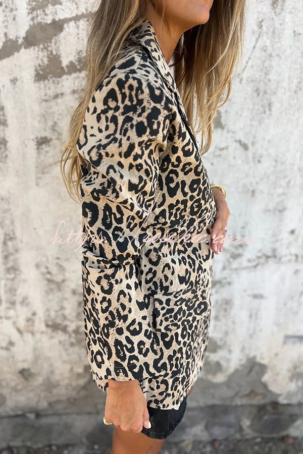 Leopard Print Lapel Long Sleeve Casual Blazer