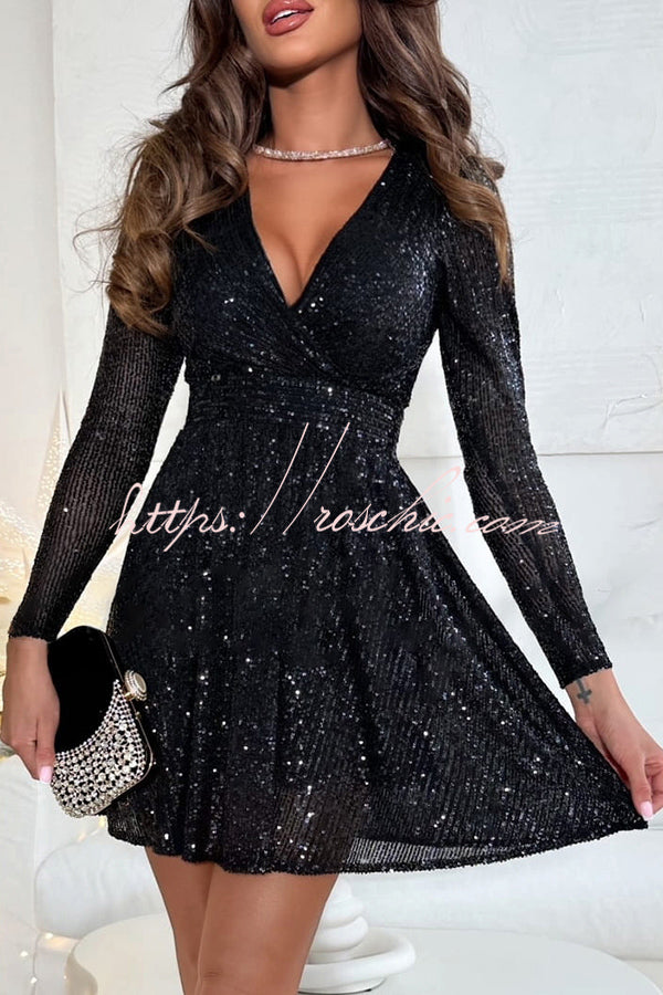 Girls Night Out Sequin Wrap Long Sleeve Mini Dress