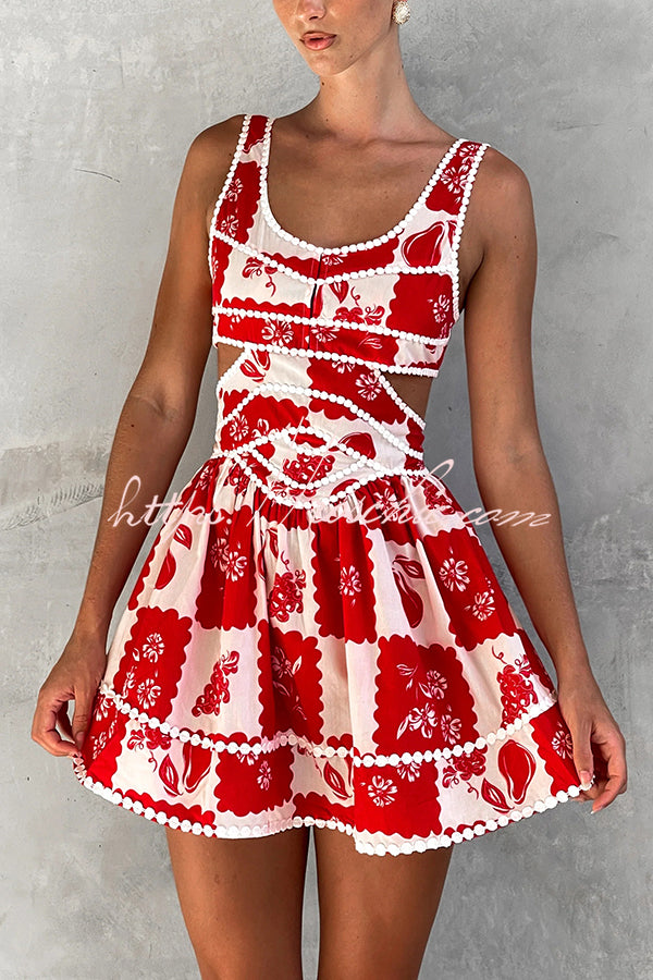 Holiday Colors Ric Rac Trims Unique Print Cutout Round Neck Mini Dress