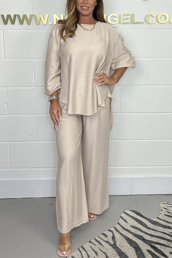 Satin Solid Color Loose Round Neck Top and Elastic Waist Casual Wide-leg Pants Set