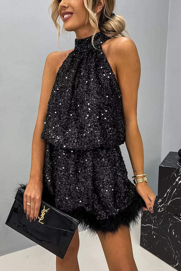 It's Time To Dance Sequin Feather Trim Halter Babydoll Mini Dress, Black / S