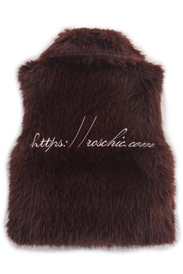 Stylish Collared Sleeveless Short Faux Fur Vest