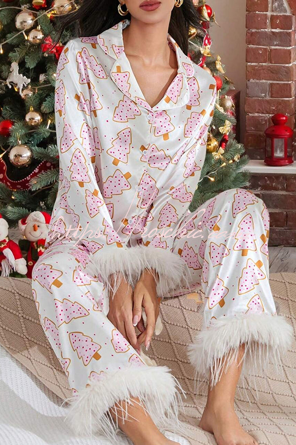 Christmas Print Feather Trim Elastic Waist Pocket Pajama Set