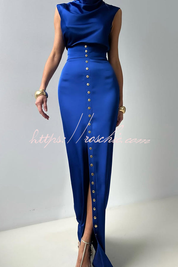 Solid Color Casual Sleeveless Crop Top and Elegant Button-down Maxi Skirt Set