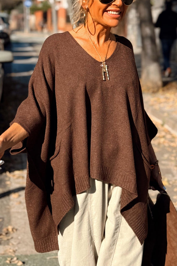 Fashion V-neck Loose Pocket Mid-length Knitted Sweater