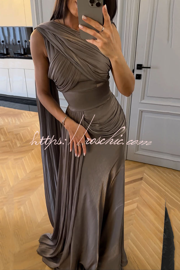 Solid Color Satin Sleeveless Waist Elegant Pleated Ribbon Maxi Dress