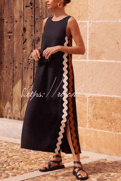 Vacation Villa Side Ric Rac Wave Trim Slit Loose Maxi Dress