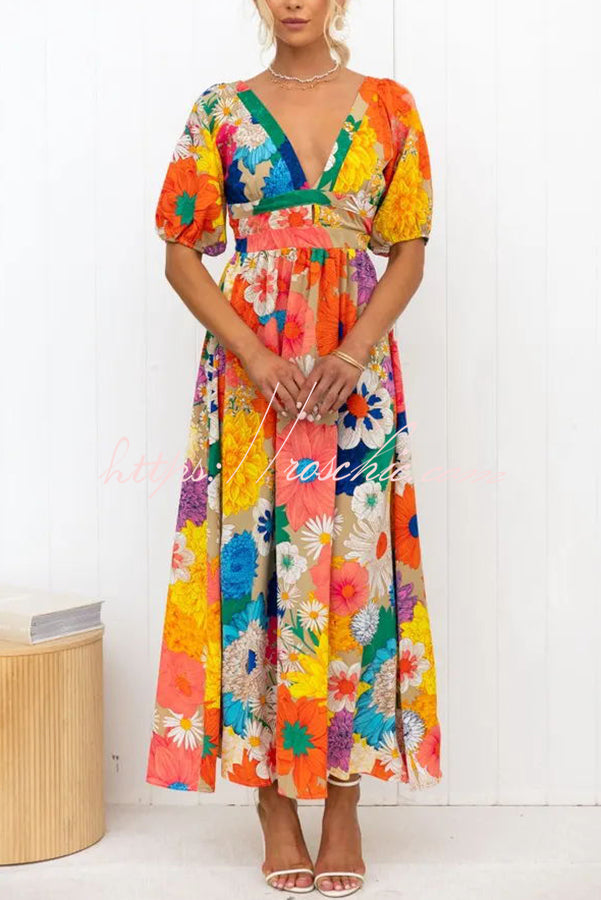 Floral Frenzy Printed Puff Sleeve Back Smocked Maxi Dress