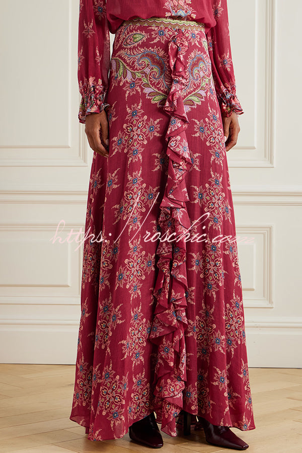 Unique Printed Chiffon Long-sleeved Loose Shirt and Elegant Ruffled Maxi Skirt Set