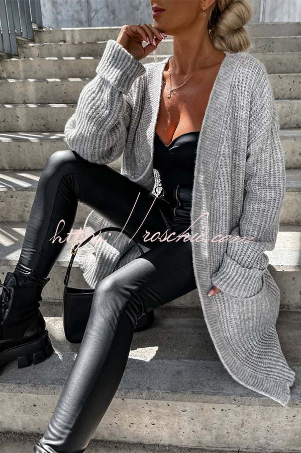 Solid Color Striped Pocket Long Sleeve Cardigan