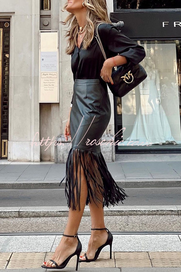 Haow Solid Color Fringed Paneled Leather Skirt