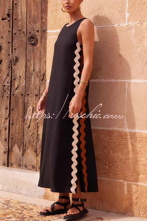 Vacation Villa Side Ric Rac Wave Trim Slit Loose Maxi Dress