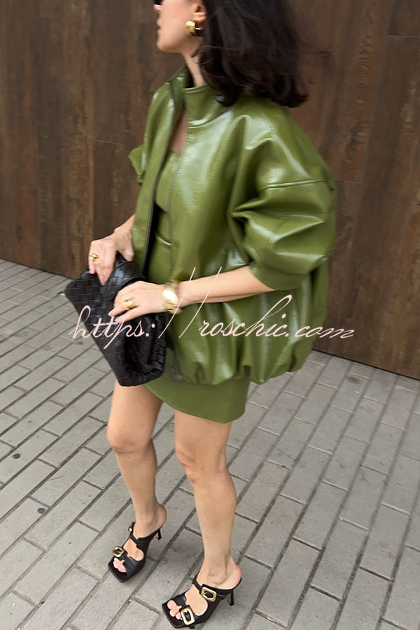 Solid Color Loose Long Sleeve Pocket Casual Leather Jacket