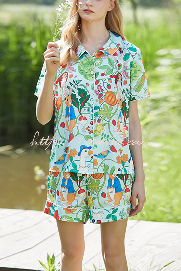 Green Carrot and Bunny Print Home Shorts Two-piece Set