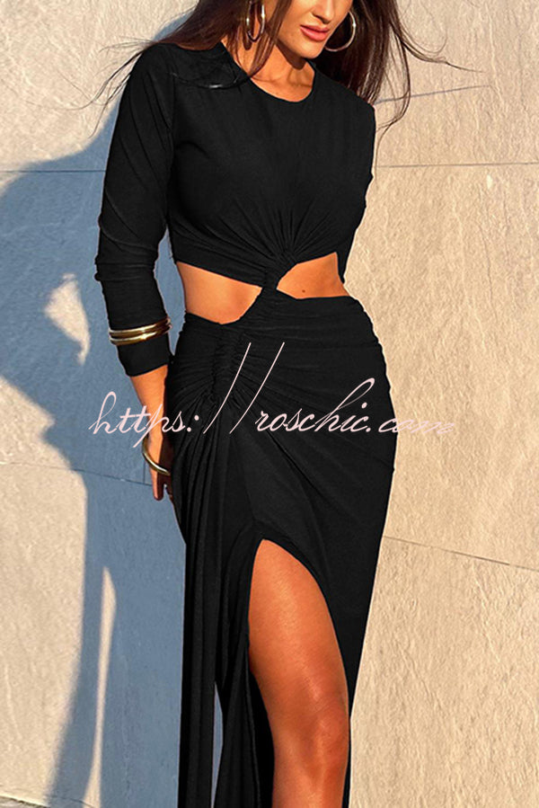 Solid Color Round Neck Long Sleeve Sexy Exposed Waist Slit Maxi Dress