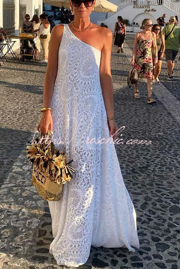 Pure Soul Unique Lace Pattern One Shoulder Slit Vacation Maxi Dress