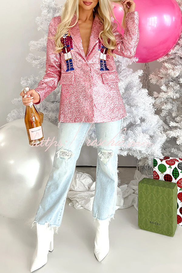 Make Your Christmas High Sequin Nutcracker Lapel Loose Blazer