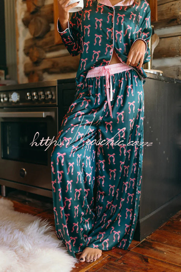 Satin Bow Print Long sleeve Loose Shirt and Elastic Waist Tie Loose Pants Set