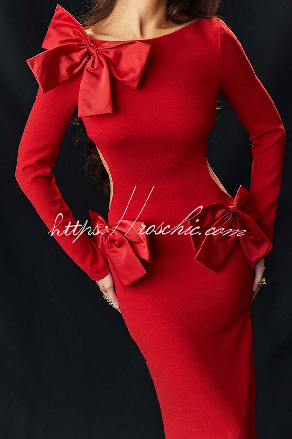 Lovely Bow Cutout Button Back Zipper Long Sleeve Maxi Dress