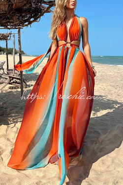 Variety of Styles Tulle Printed Ring Hollow Design Slit Vacation Maxi Dress