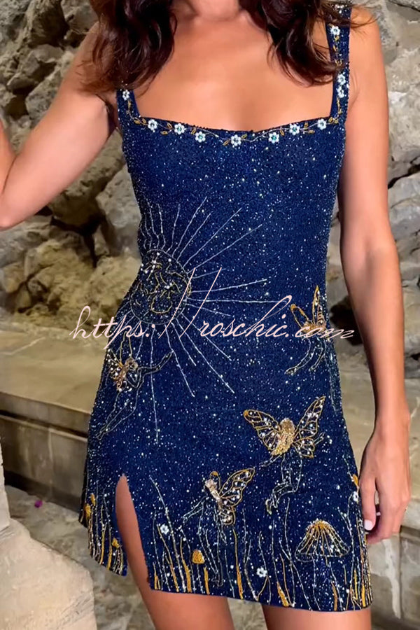 Magic and Night Sky Shiny Pattern Square Neck Slit Mini Dress