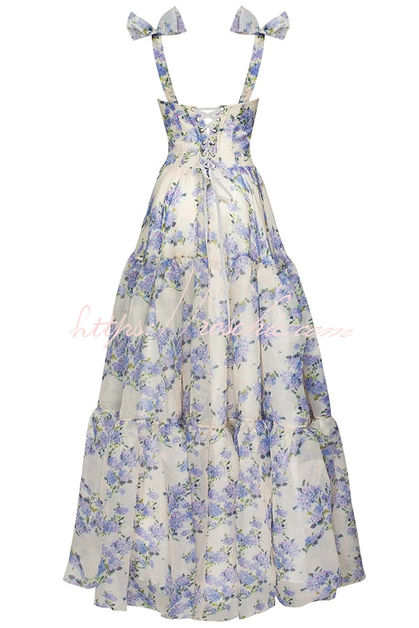 Fairytale Itself Organza Floral Print Tie Strap Maxi Dress