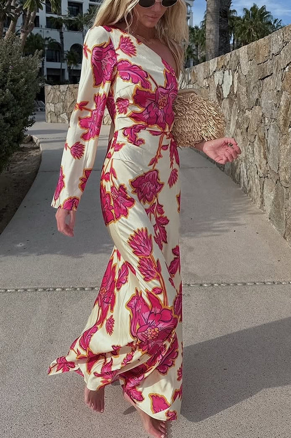 Rhia Satin Floral Print One Shoulder Flared Maxi Dress, Pink / M Rhia Satin Floral Print One Shoulder Flared Maxi Dress, Pink / M