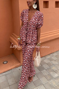 Stylish Printed Puff Sleeves V-neck Tie Top and Elastic Waist Loose Pants Set