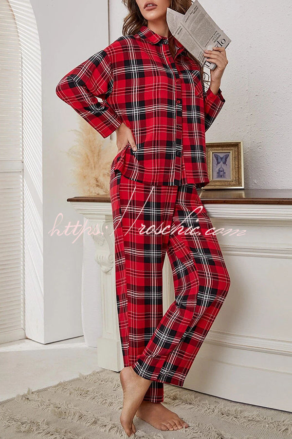 Christmas Plaid Print Pocket Button Pajama Set