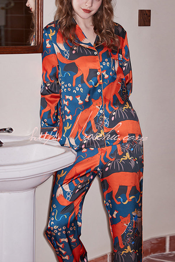 Fox Camping Print Home Long Sleeve Two Piece Set