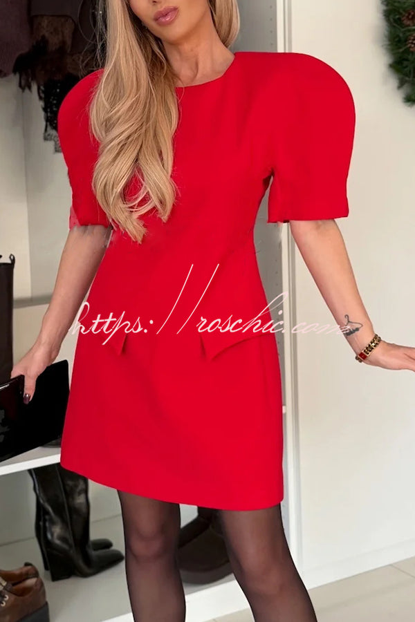Glistening Smile Round Neck Puff Sleeve Slim-fit Mini Dress
