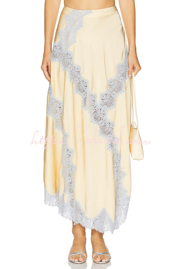 Wine Tasting Contrast Color Satin Lace Trim Irregular Hem Drape Midi Skirt