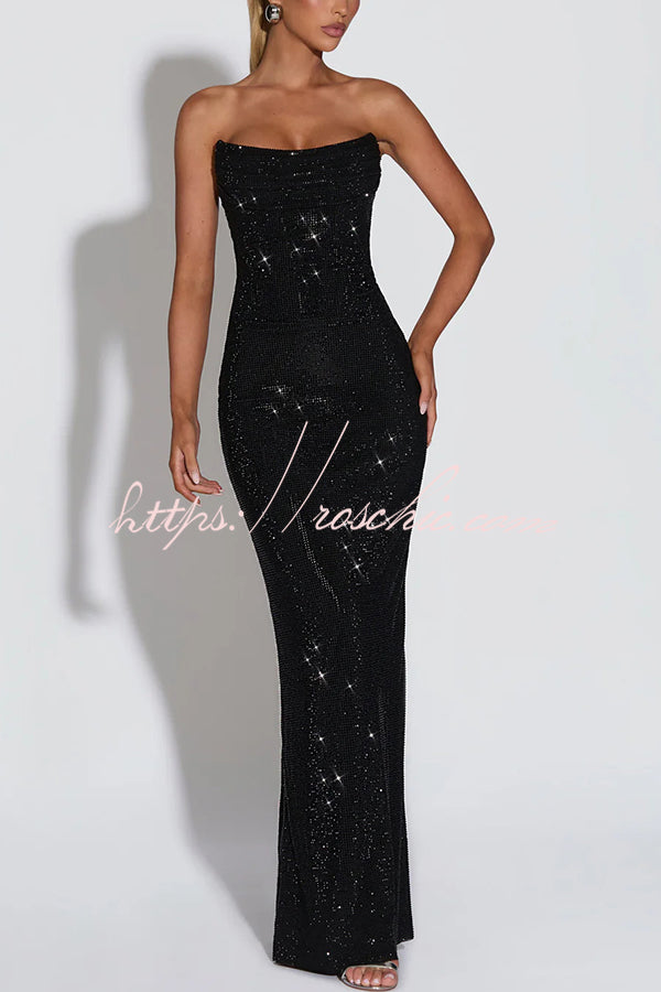 Mirabella Sequin Pleated Cowl Scooped Neckline Back Lace-up Strapless Maxi Dress