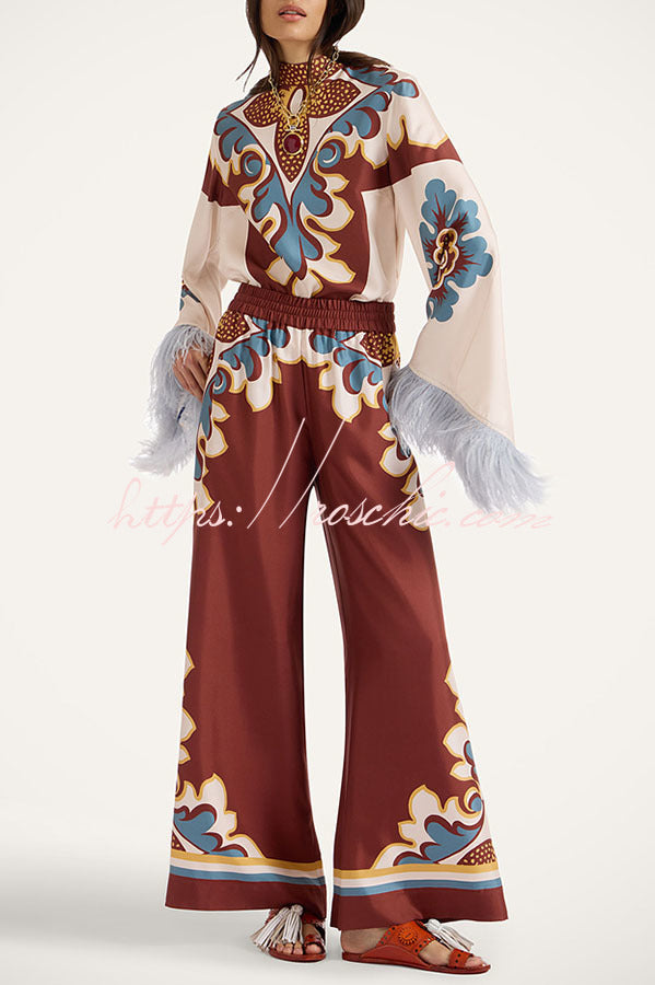 Bohemian Dreams Unique Print High Neck Feather Trim Bell Sleeve Top