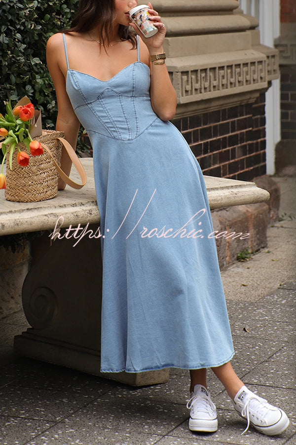 Solid Color Sleeveless Suspender Pleated Back Faux Denim Midi Dress