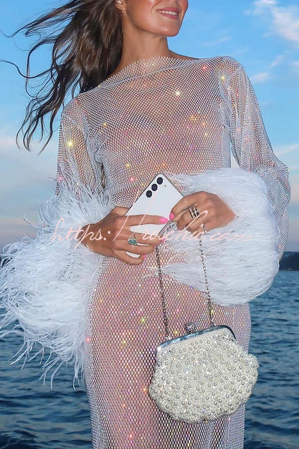 Night Surprise Rhinestone Fabric Feather Sleeve Party Mini Dress  roschic