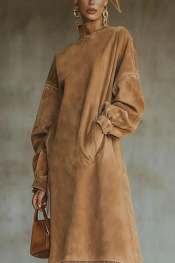 Solid Color Suede Loose Long-sleeved Casual Pocket Tassel Hem Midi Dress