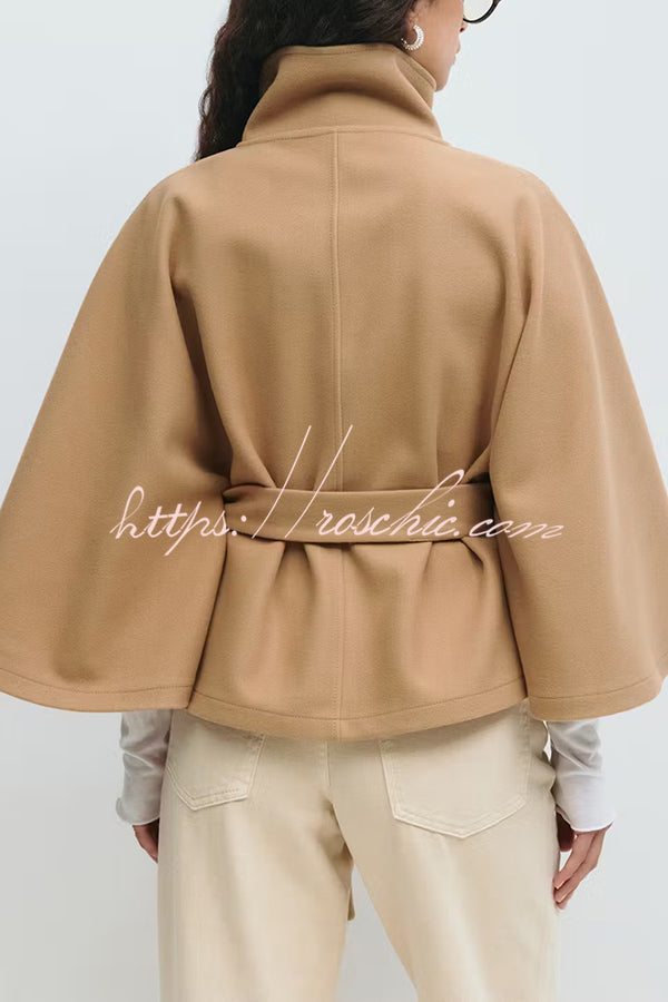 Fashionable Stand Collar Button Waist Tie Loose Cape
