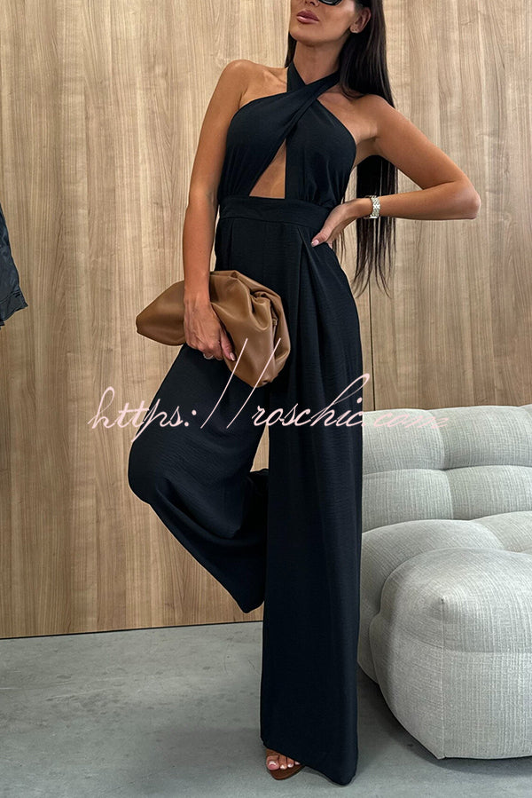 Easy Mode Cross-neck Halter Strap Backless Wide Leg Jumpsuit