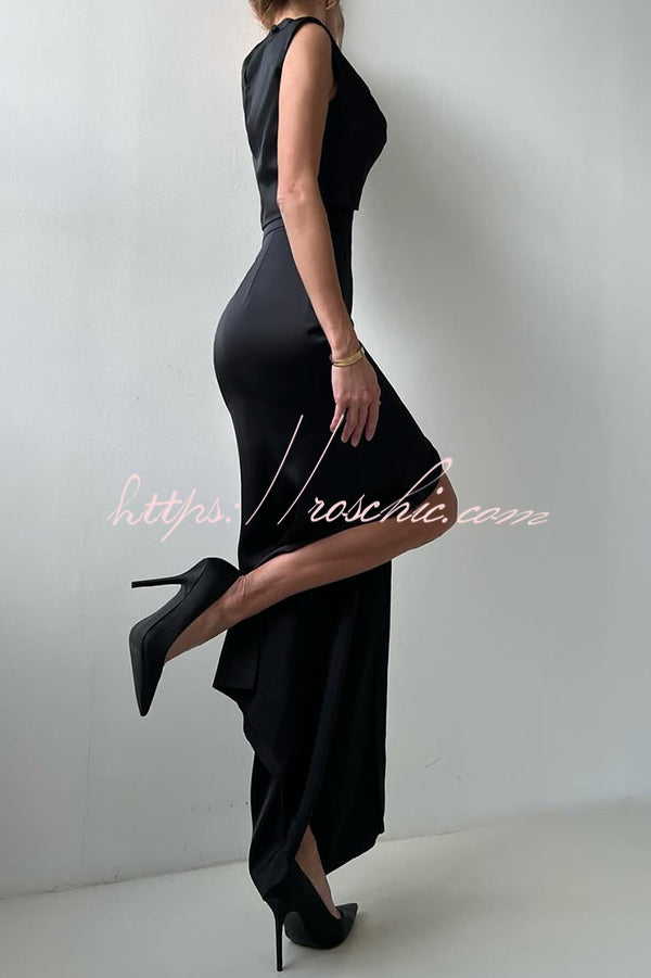 Solid Color Casual Sleeveless Crop Top and Elegant Button-down Maxi Skirt Set