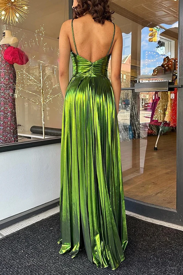 Queen Style Metallic Fabric Cross Neck Cutout Slit Pleated Maxi Dress